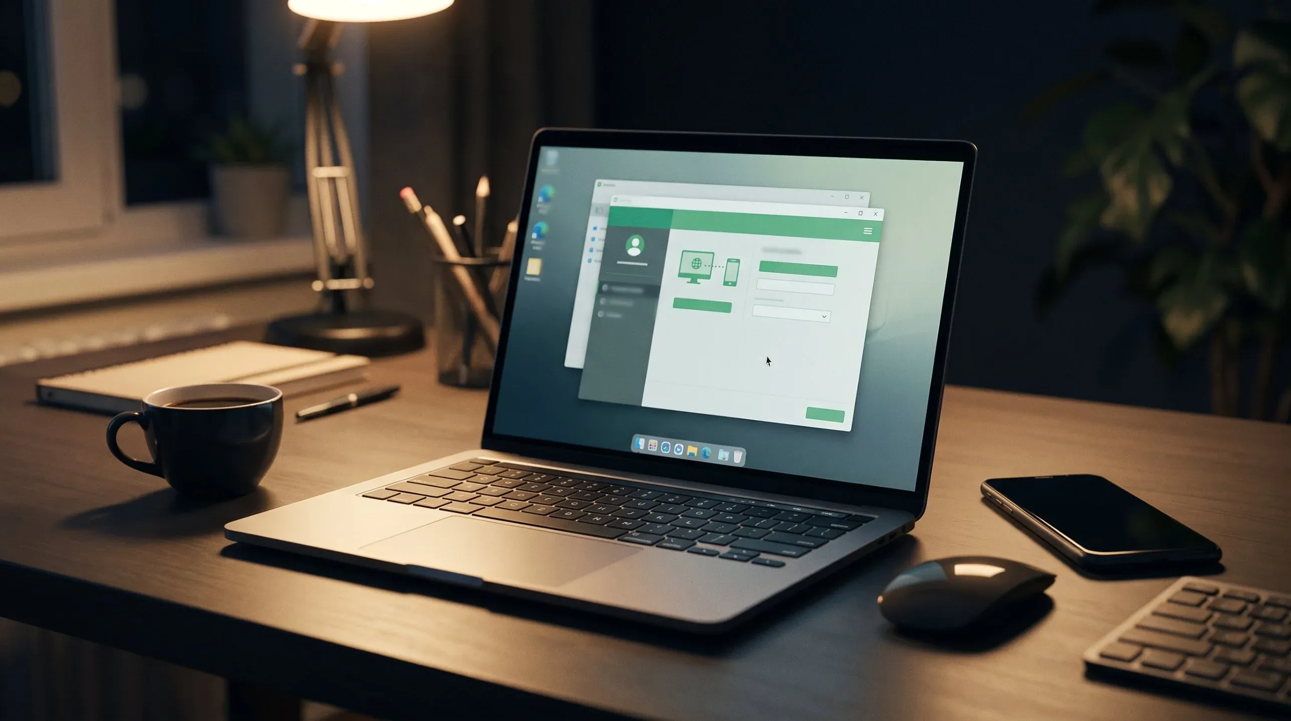 Laptop on a desk with a remote assistance session open on screen