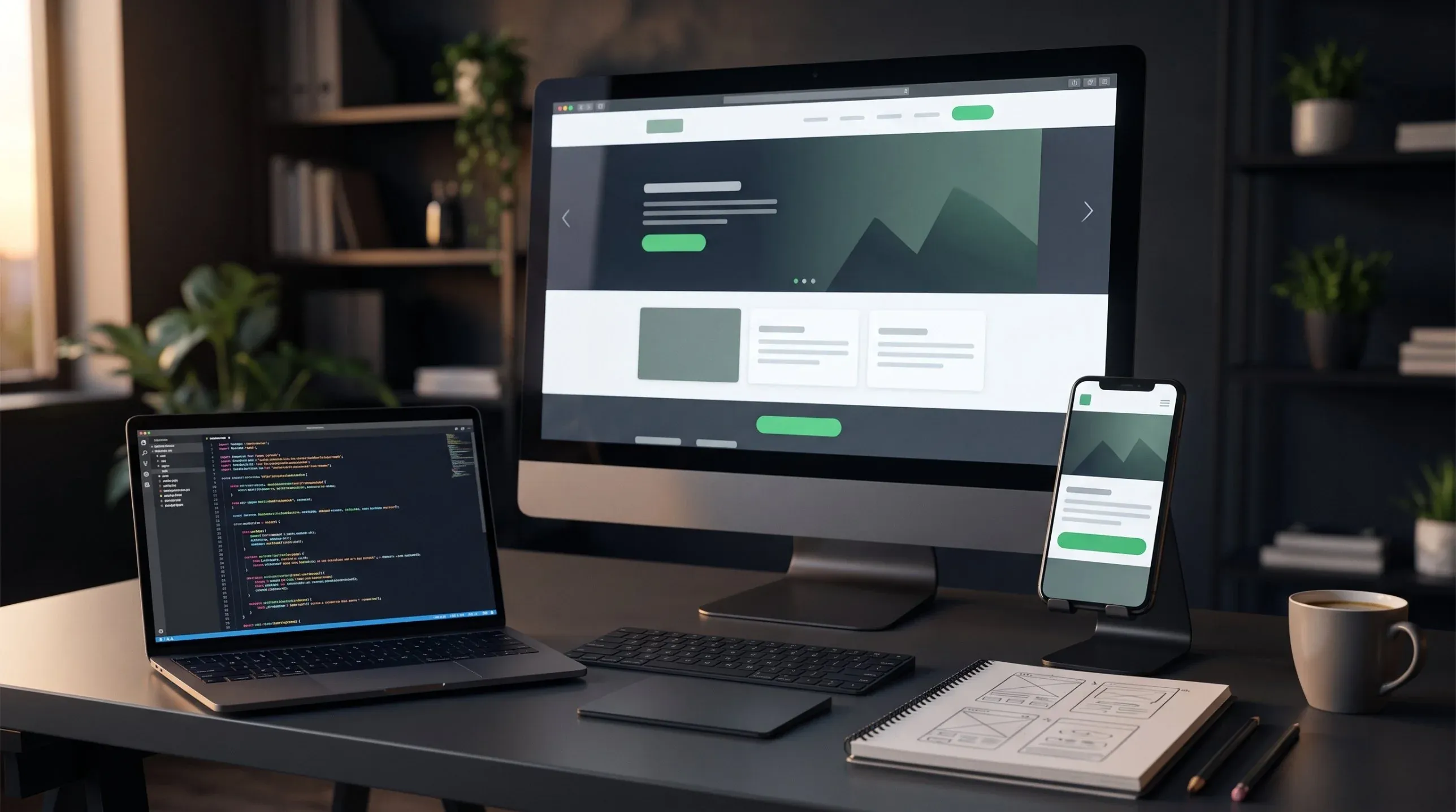 Desk with a modern website on a monitor, its mobile version on a phone and code on a laptop